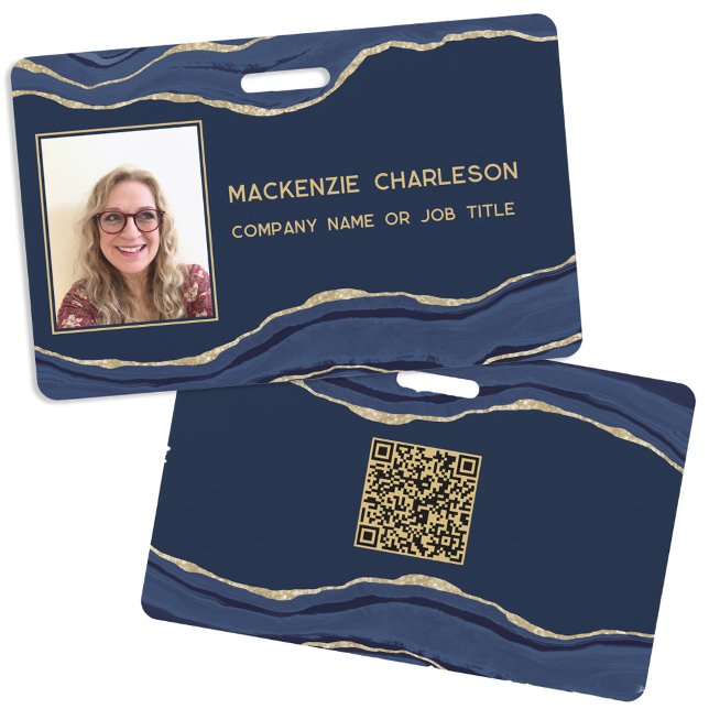 Crachá Gêsodo de Ágata Blue Marble ID Nome Foto Código QR (Navy blue agate marble geode professional business photo id name QR code badge)