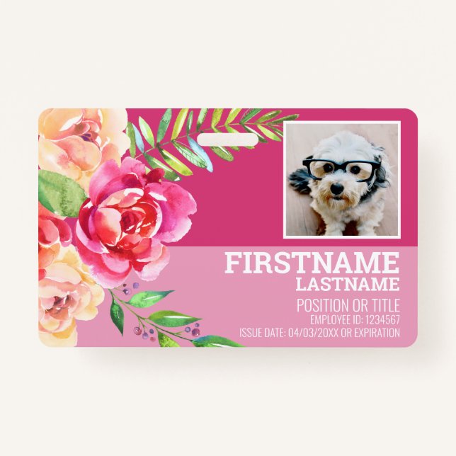 Crachá Girly Watercolor Flower Employee Photo ID rosa (Frente)