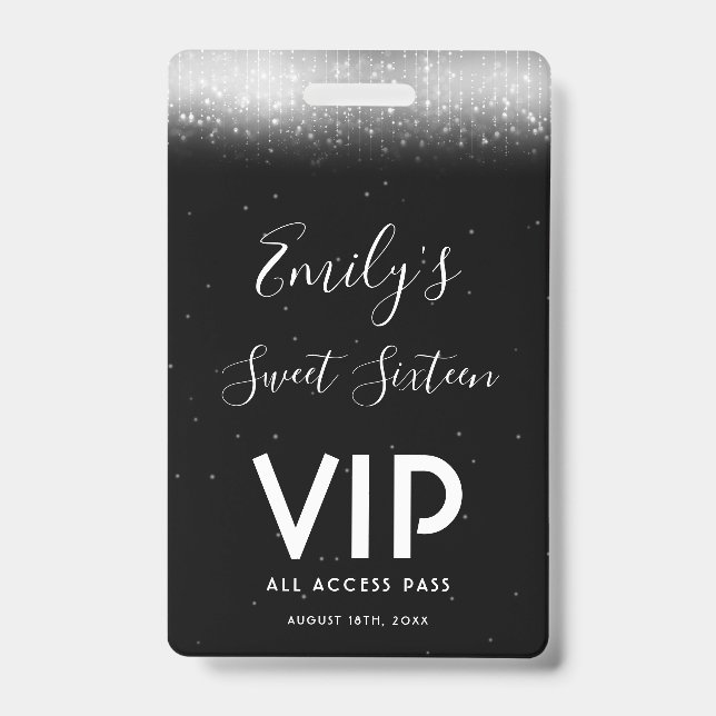 Crachá Glam Black White Sweet 16 Convite VIP Pass (Frente)