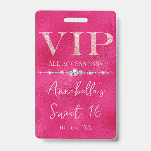 Crachá Glamoroso Glitter Rosa VIP (Frente)