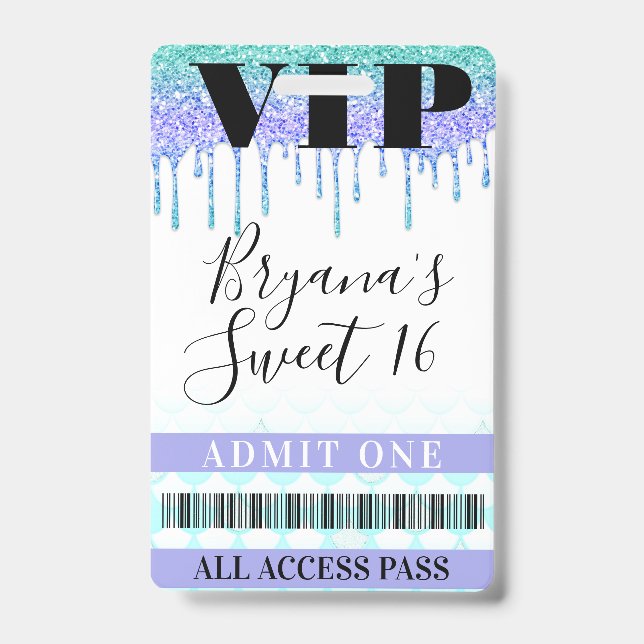 Crachá Glitter Drip Sereia Azul Teal Roxo Passagem VIP 16 (Frente)
