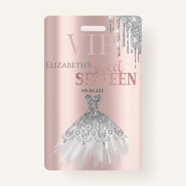 Crachá Glitter Drips, Rosa de Vestido do Siolver Dourado  (Frente)