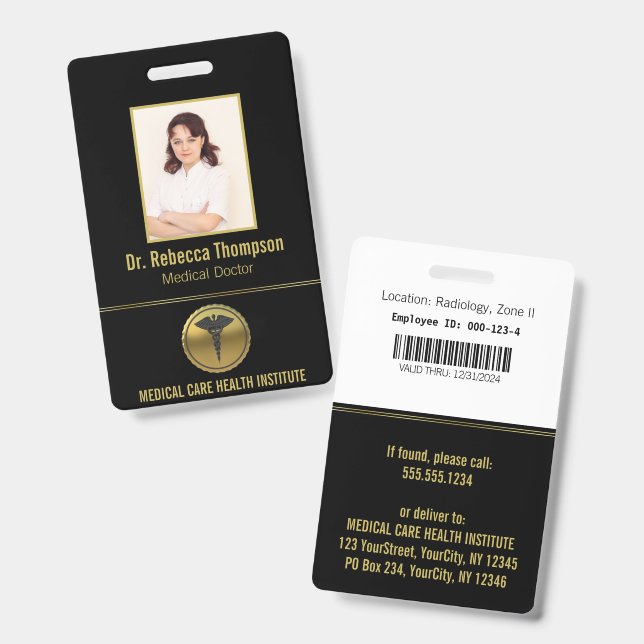 Crachá Gold Professional Medical Caduceus Emblem Photo ID (Frente e verso)