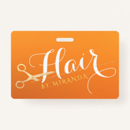 Crachá Hairstylist Makeup Salon Chic Orange Tesoura Doura