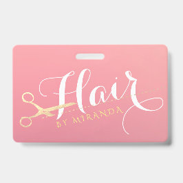 Crachá Hairstylist Makeup Salon Modern Pink Tesoura Doura