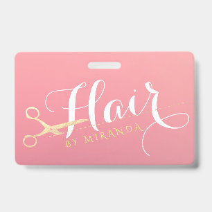 Crachá Hairstylist Makeup Salon Modern Pink Tesoura Doura