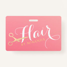 Crachá Hairstylist Makeup Salon Modern Pink Tesoura Doura