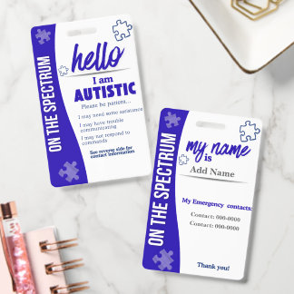 Crachá I Have Autism ID Personalized Autistic Name Badge