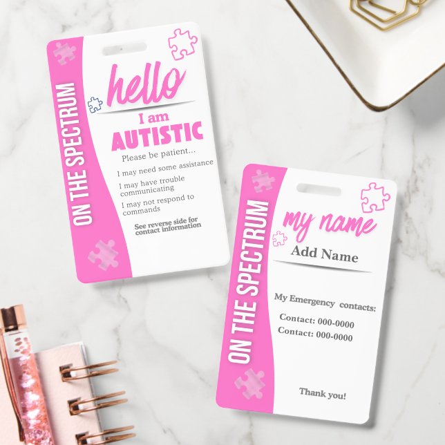 Crachá I Have Autism ID Personalized Autistic Name Badge (Escritório)