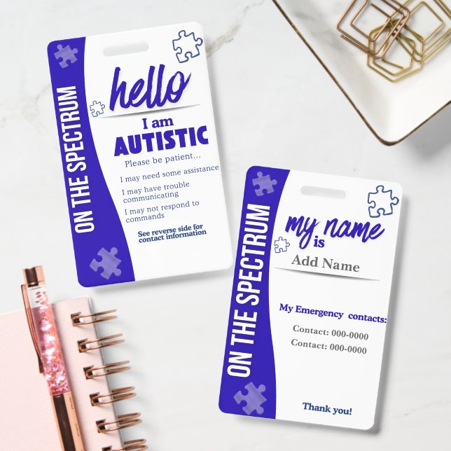 Crachá I Have Autism ID Personalized Autistic Name Badge (Escritório)