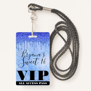 Crachá Icy Blue Glitter Drip Mermaid Sweet 16 VIP Pass