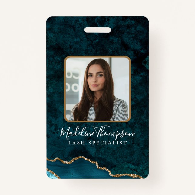 Crachá ID da empresa comercial Teal Dourada Agate Marble (Frente)