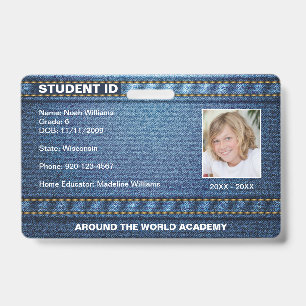 Crachá ID de Aluno de Ensino Domiciliar em Jeans Denim