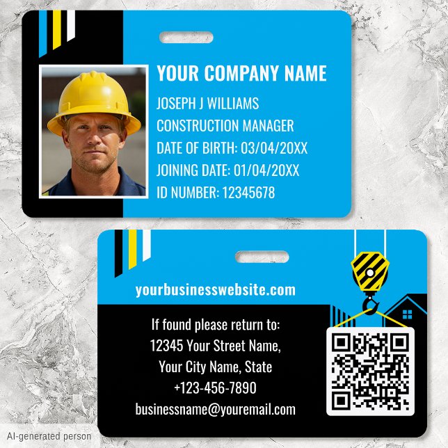 Crachá ID de Construção Personalizado Trabalho QR Code Az (Criador carregado)