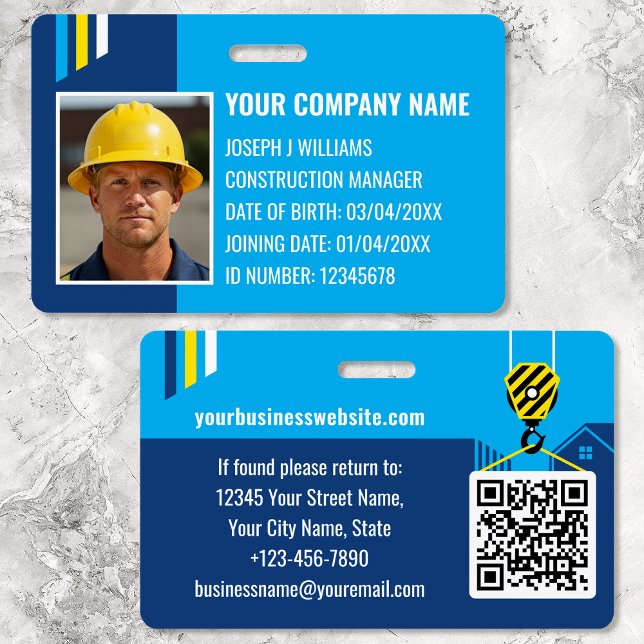 Crachá ID de Construção Personalizado Trabalho QR Code Az (Criador carregado)