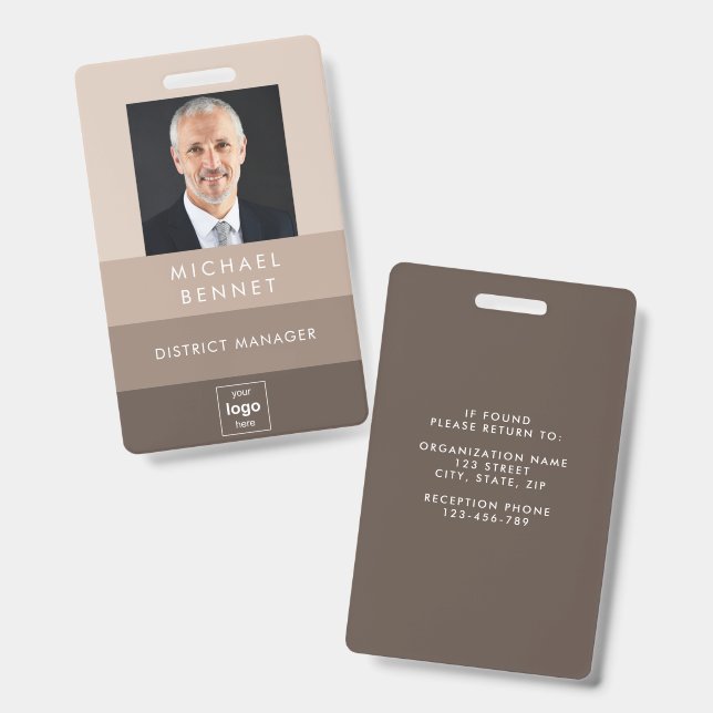 Crachá ID de Foto Corporativa do Modern Beige Brown (Frente e verso)