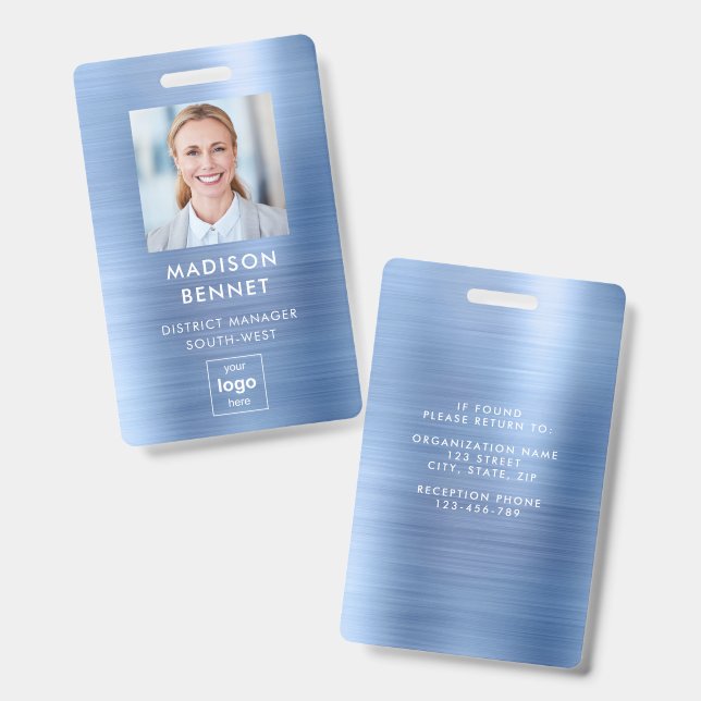 Crachá ID de Foto Corporativa Metálica Azul Moderna (Frente e verso)