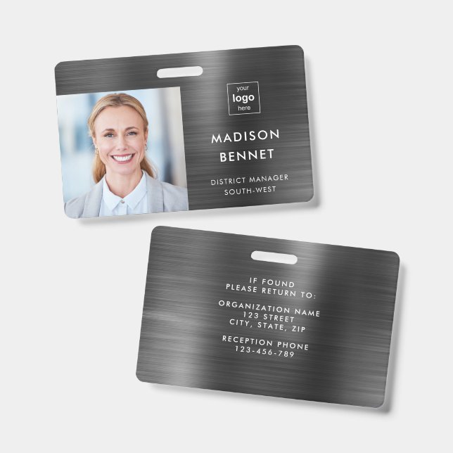 Crachá ID de Foto Corporativa Metálica Preta Moderna (Frente e verso)