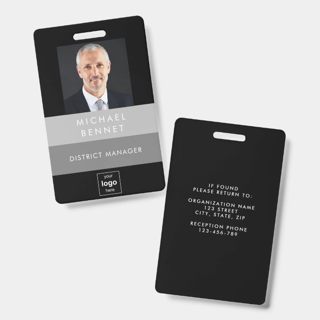 Crachá ID de Foto Corporativa Negra da Cinza Moderna (Frente e verso)