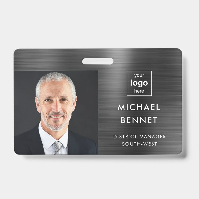 Crachá ID de Foto da Empresa Negra Metálica Moderna (Frente)