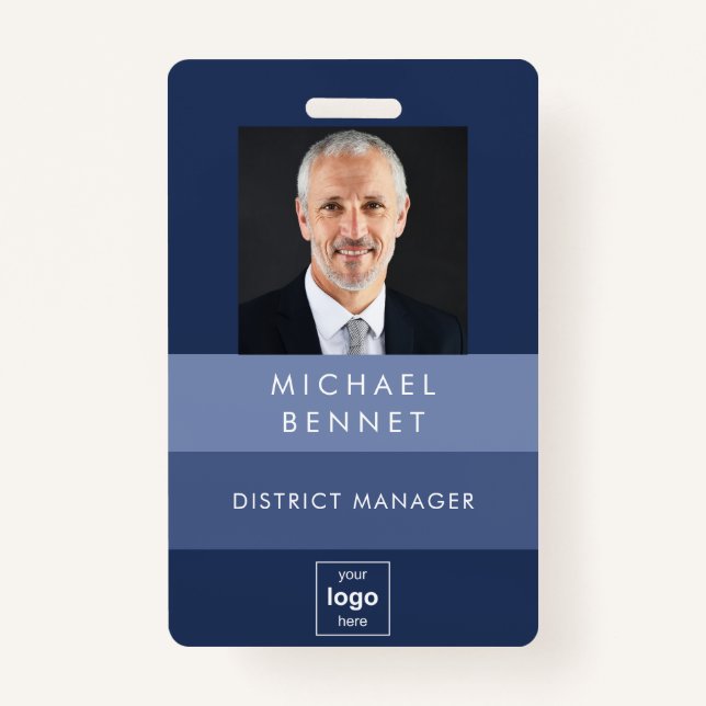 Crachá ID de Foto da Empresa Simples Blue Stripes (Frente)