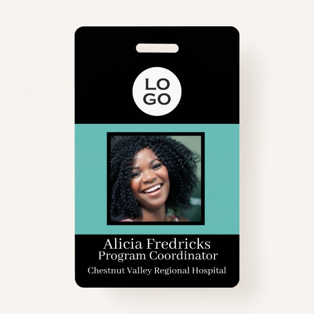 Crachá ID de foto de funcionário preto e branco com logot (Frente)