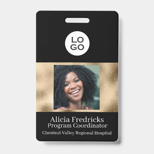 Crachá ID de foto de funcionário preto e Dourado com logo (Frente)