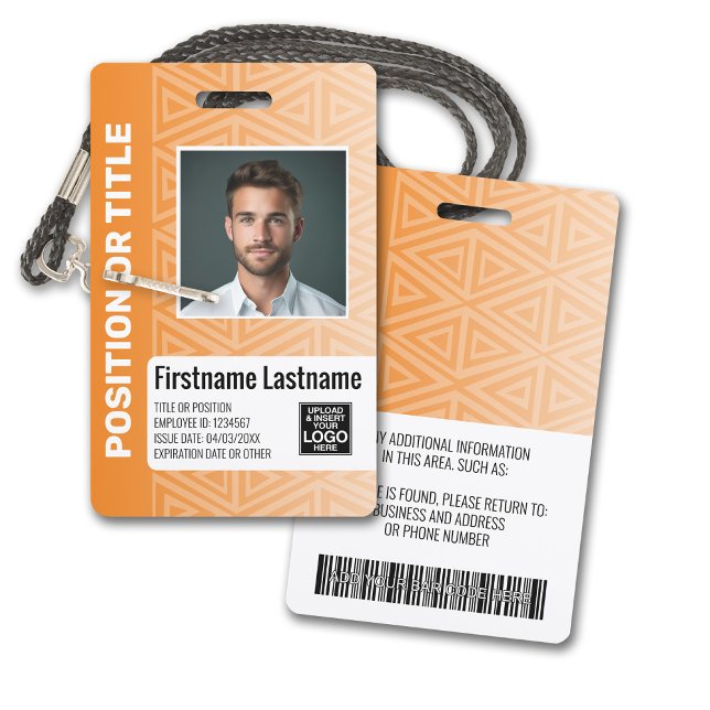 Crachá ID de Foto do Funcionário - código de bar de logot (Plastic ID Badge - Customize with Employee Photo and Credentials. Orange Tribal Pattern Accents)