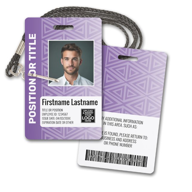 Crachá ID de Foto do Funcionário - código de bar de logot (Plastic ID Badge - Customize with Employee Photo and Credentials. Purple Tribal Pattern Accents)