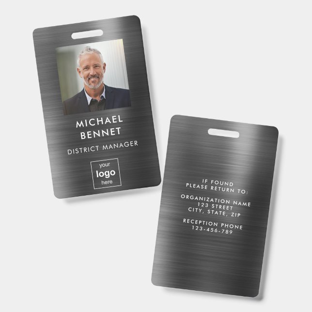 Crachá ID de Foto do Funcionário do Metal Negro Moderno (Frente e verso)