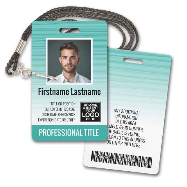 Crachá ID de Foto do Funcionário - listras modernas, logo (Plastic ID Badge - Customize with Employee Photo and Credentials. Teal Gradient Pattern Accents)