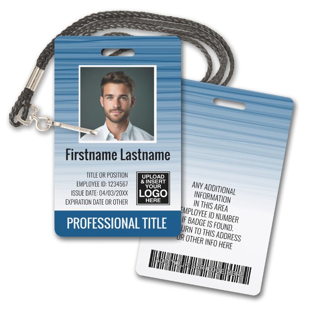 Crachá ID de Foto do Funcionário - listras modernas, logo (Plastic ID Badge - Customize with Employee Photo and Credentials. Blue Gradient Pattern Accents)