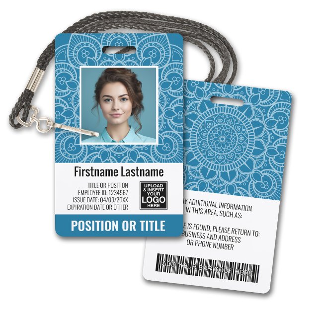 Crachá ID de Foto do Funcionário - mandala moderna, logot (Plastic ID Badge - Customize with Employee Photo and Credentials. Light Blue Mandala Accents)