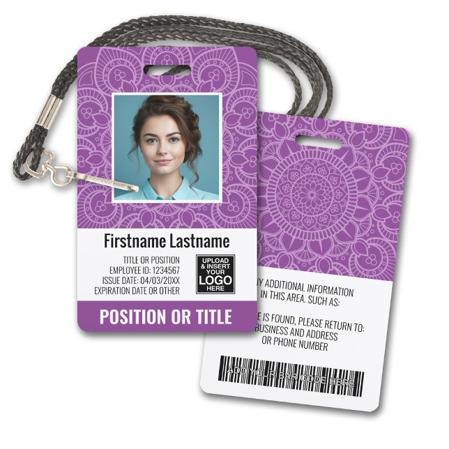 Crachá ID de Foto do Funcionário - mandala moderna, logot (Plastic ID Badge - Customize with Employee Photo and Credentials. Purple Mandala Accents)
