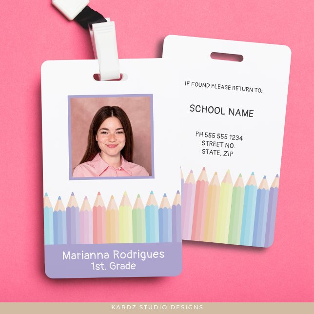 Crachá ID de Foto do Professor de Arco-Íris Roxo Personal (Front and back of ID shown. Personalize with your photo and information. Choose attachment type.)