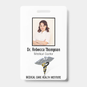 Crachá ID de Foto Dourada Preta de Prata Médica Caduceus