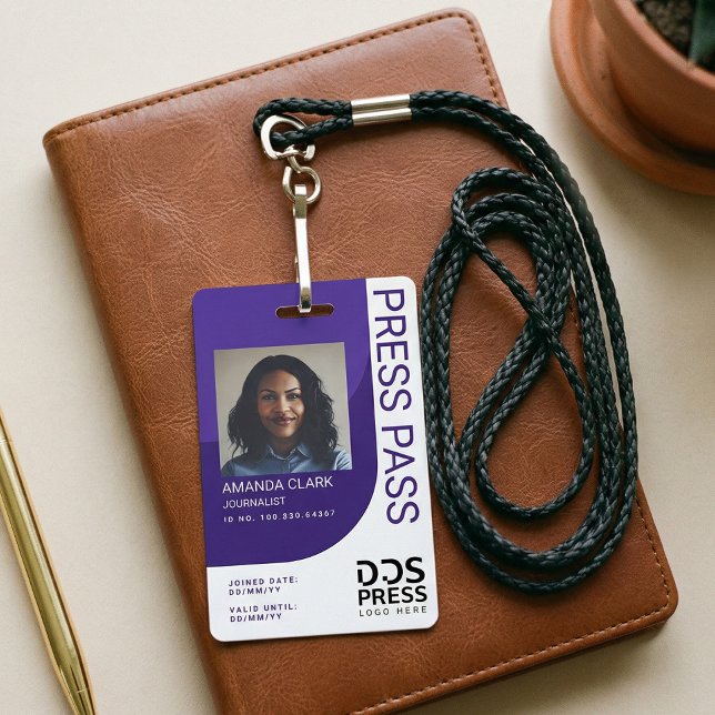 Crachá ID de Foto Pura Moderna e Mínima da Imprensa (Purple Modern & Minimal Press Pass Photo ID Badge)