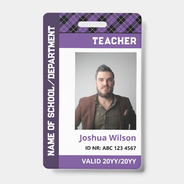 Crachá ID de Foto Xadrez Roxo Professor Escola (Frente)