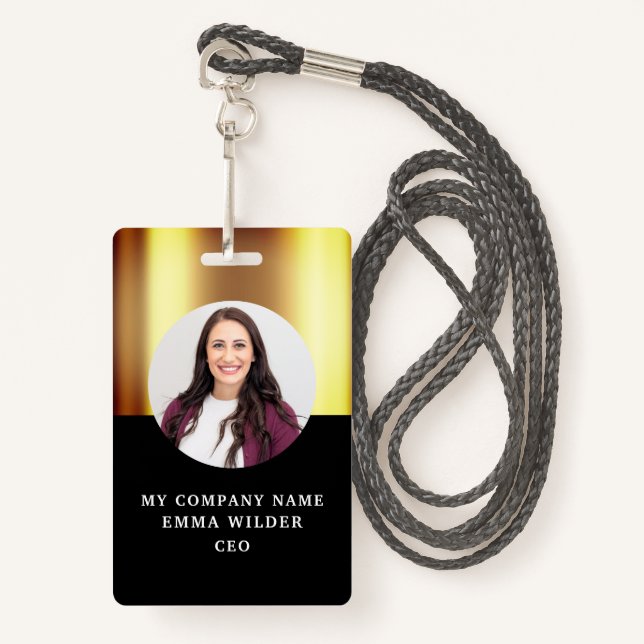 Crachá ID de Fotografia Personalizada Dourada Preta Metál (Frente com cordão)