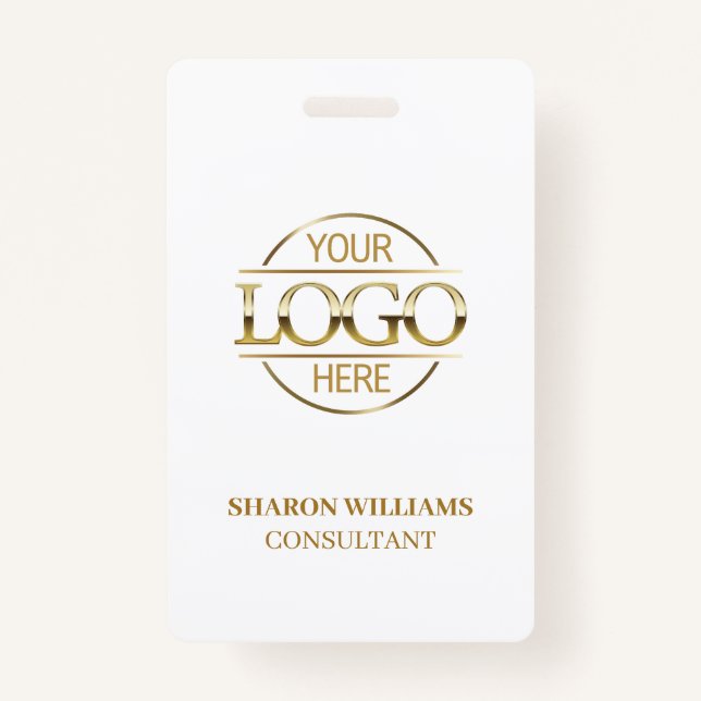 Crachá ID de funcionário Dourado branco com logotipo de e (Frente)