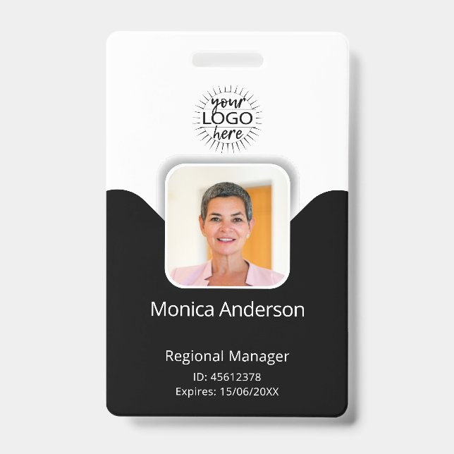 Crachá ID de Funcionário Preto e Branco com Nome e Código (Frente)