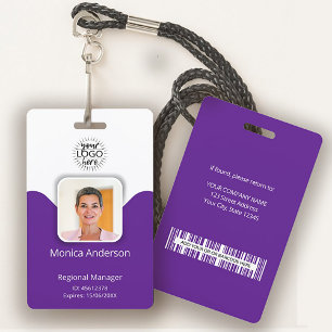 Crachá ID de Funcionário Roxo com Foto, Nome e Código QR