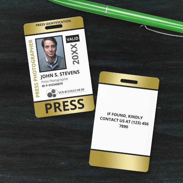 Crachá ID de imprensa com foto e logotipo em dourado fals (Criador carregado)