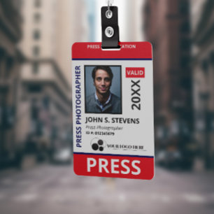 Crachá ID de Imprensa de Foto e Logotipo Vermelho Azul