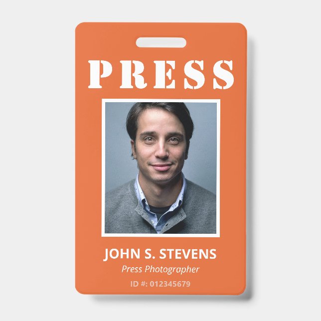 Crachá ID de imprensa de foto simples laranja e branco (Frente)