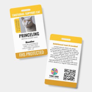 Crachá ID do Gato de Suporte Emocional Amarelo