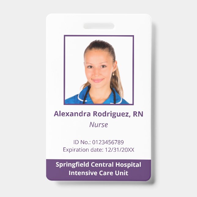 Crachá ID do Hospital Púrpura Branca de Foto do Funcionár (Front)