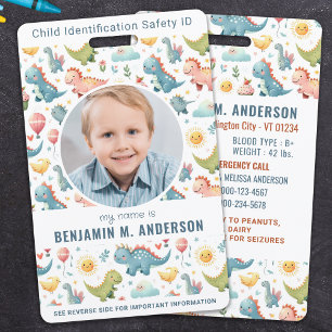 Crachá ID Infantil Personalizado Colorido de Dinossauro p