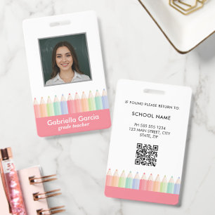 Crachá ID Personalizado Colorido Vermelho de Professor Es