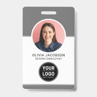 Crachá ID QR de Foto de Funcionário Moderno Neutro Cinza